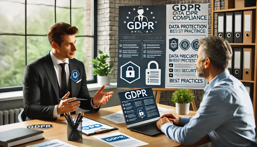 DALL·E 2025 03 21 01.36.42 A professional GDPR officer in an office setting reviewing GDPR compliance documents and discussing data protection strategies with a client. The bac