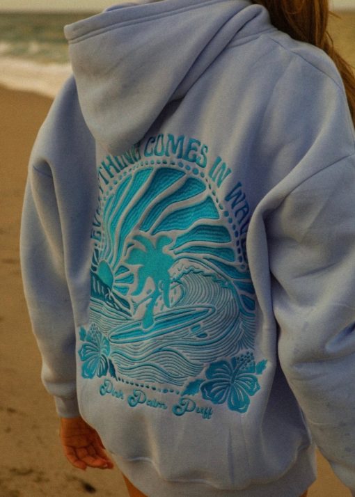 Pink Palm Puff Hoodie Blue