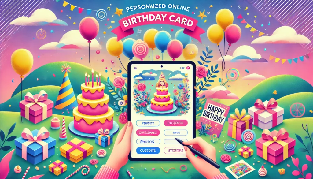 DALL·E 2025 01 24 11.25.59 A vibrant landscape illustration of a personalized online birthday card creation scene. The image features a person designing a birthday card on a dig