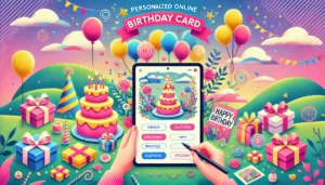 DALL·E 2025 01 24 11.25.59 A vibrant landscape illustration of a personalized online birthday card creation scene. The image features a person designing a birthday card on a dig