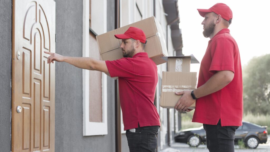 front view delivery man with packagaes